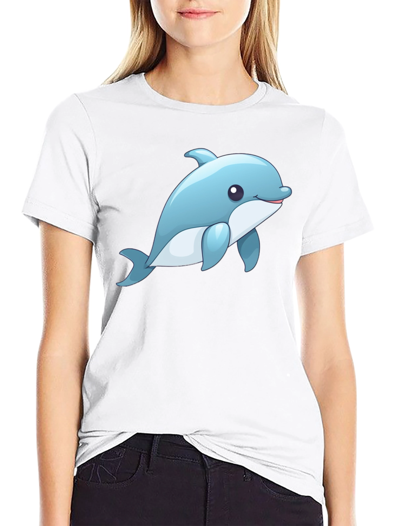Cute Dolphin Graphic Tee - Black Cotton T-Shirt