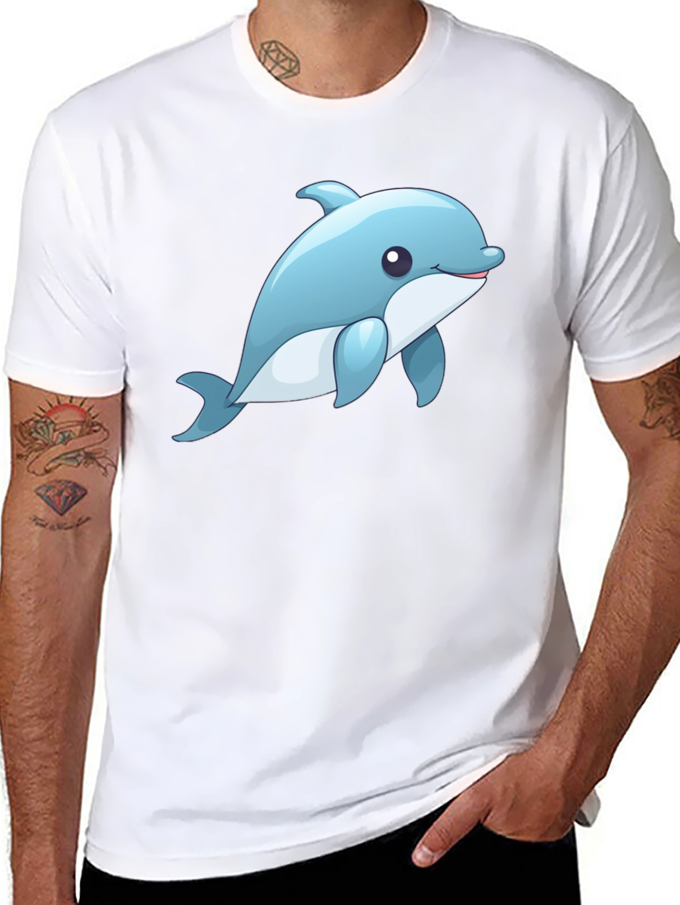 Cute Dolphin Graphic Tee - Black Cotton T-Shirt