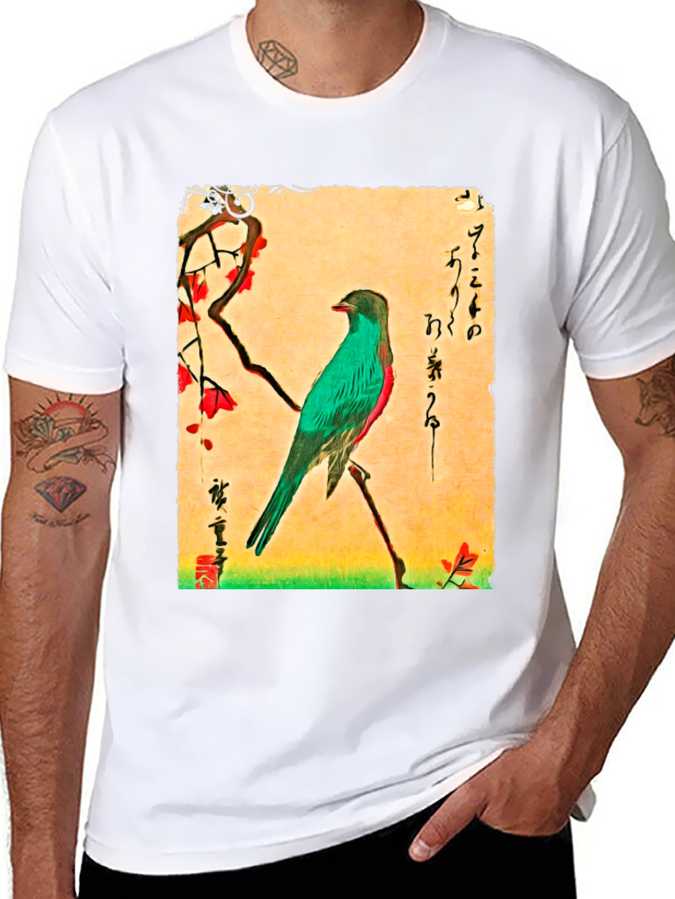 Bird Art T-Shirt: Japanese Ukiyo-e Style