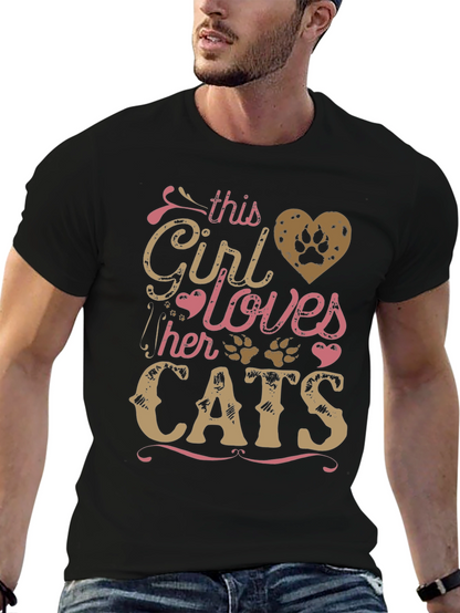 Girl Loves Cats Black T-Shirt Paw Print