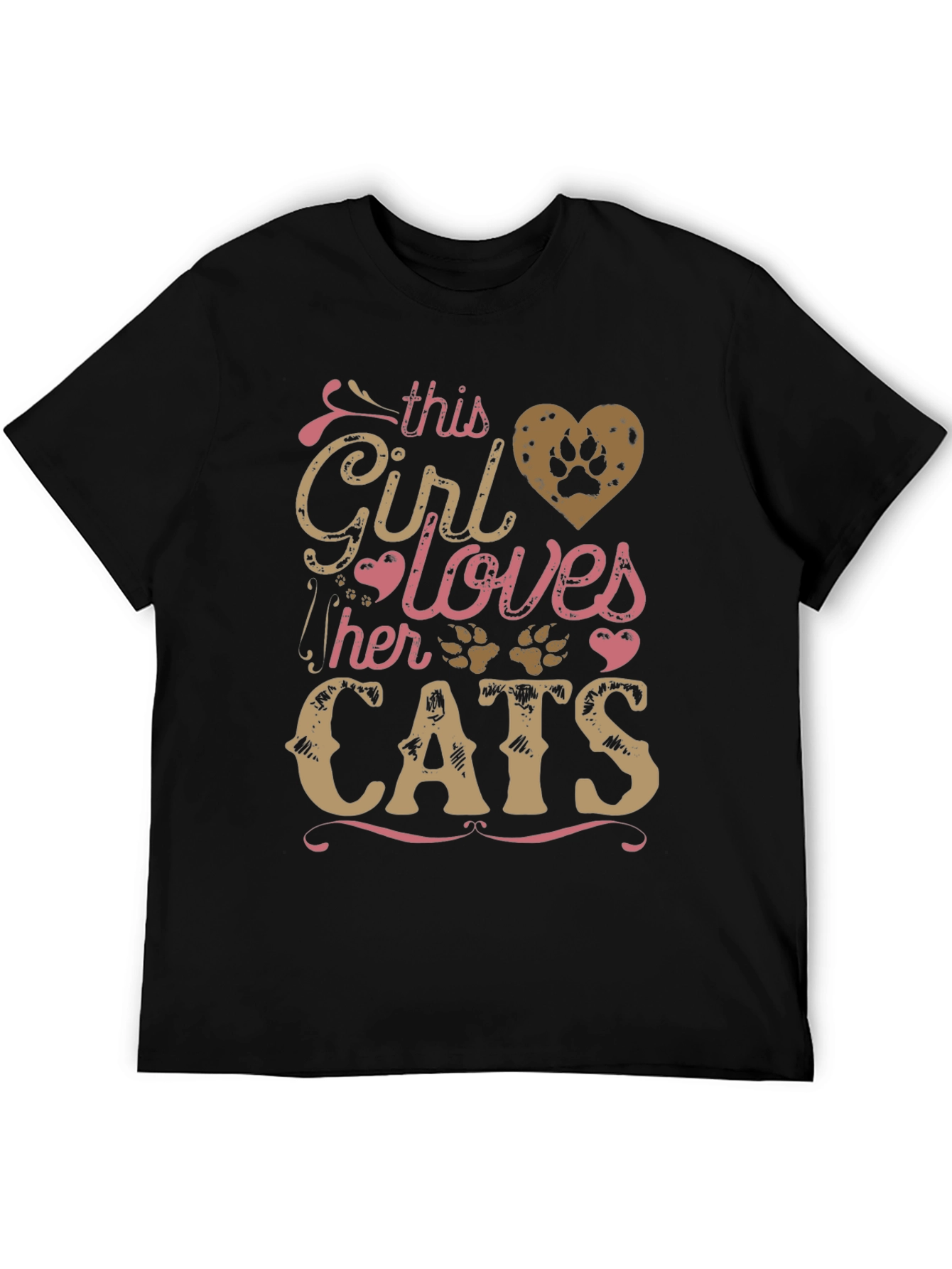 Girl Loves Cats Black T-Shirt Paw Print