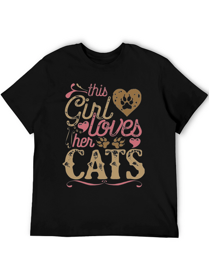Girl Loves Cats Black T-Shirt Paw Print