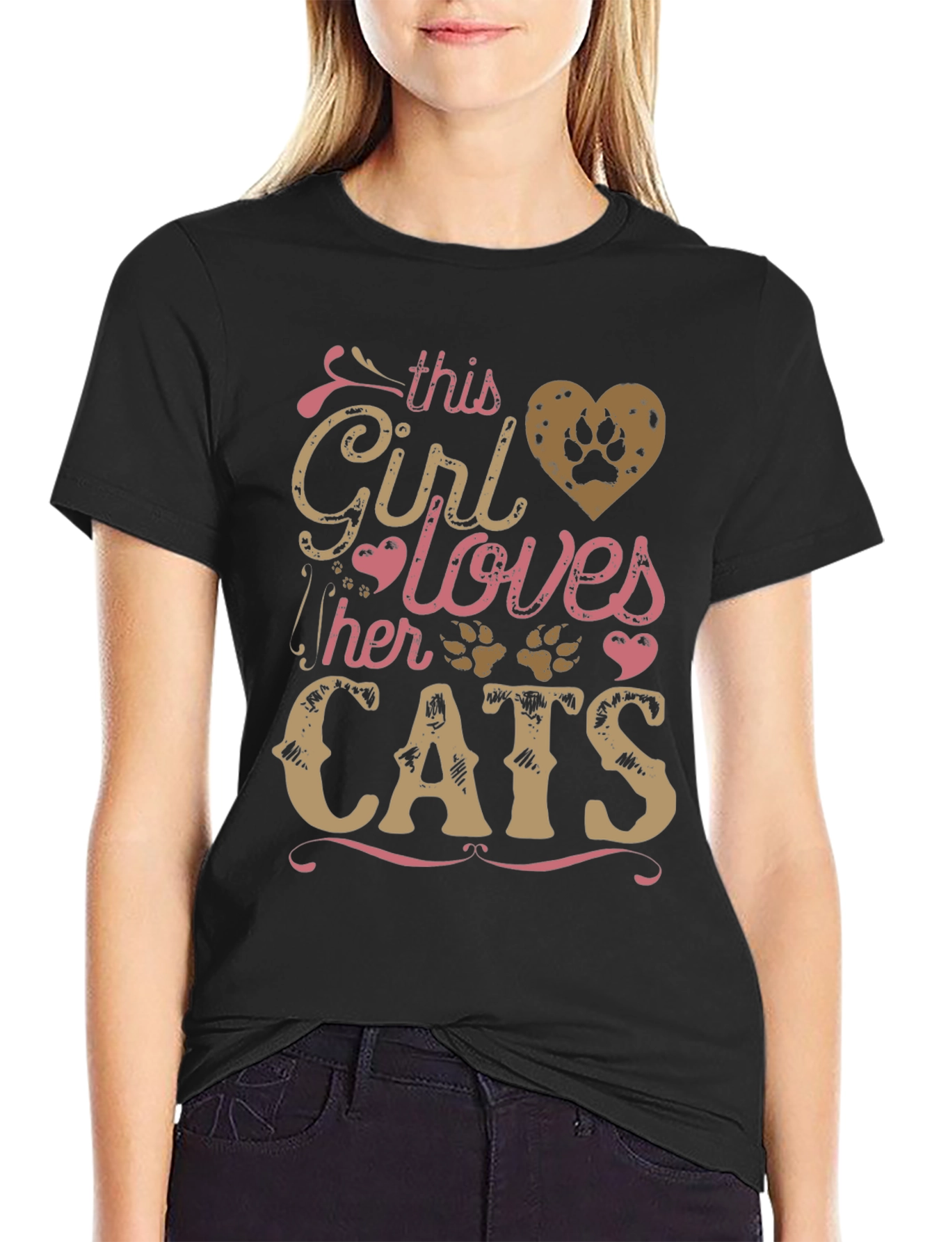 Girl Loves Cats Black T-Shirt Paw Print