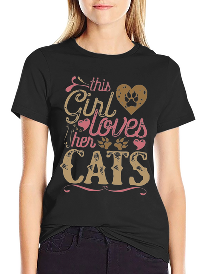 Girl Loves Cats Black T-Shirt Paw Print