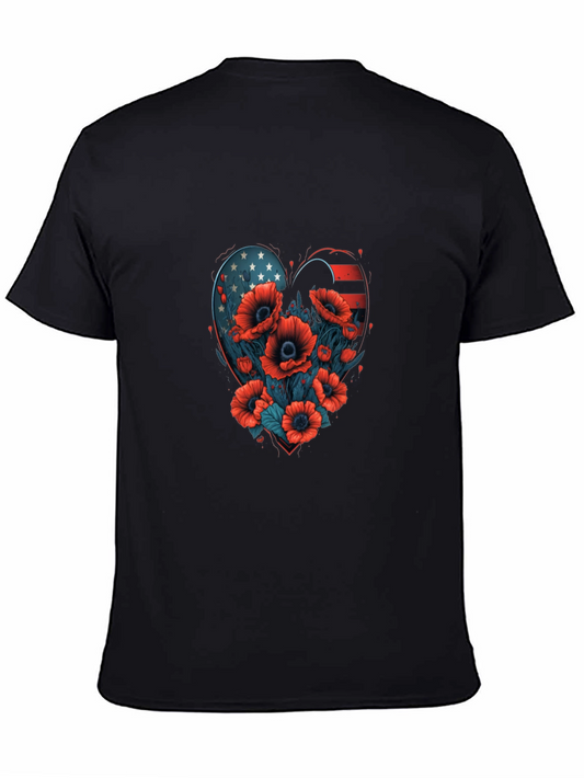 American Flag Heart Poppy Flower Graphic Tee