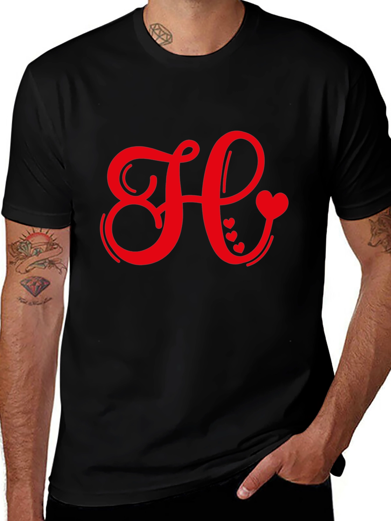 Red Heart Initial Letter Black T-Shirt