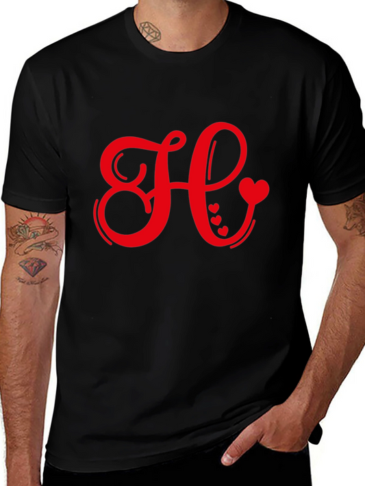 Red Heart Initial Letter Black T-Shirt