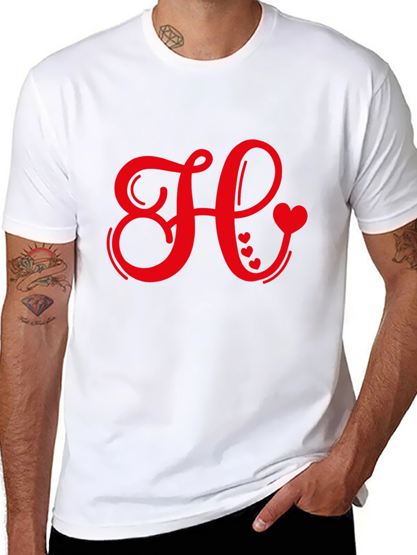 Red Heart Initial Letter Black T-Shirt