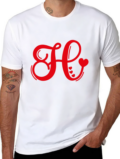 Red Heart Initial Letter Black T-Shirt