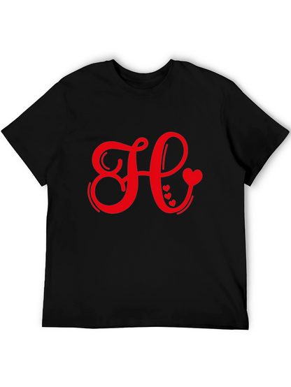 Red Heart Initial Letter Black T-Shirt