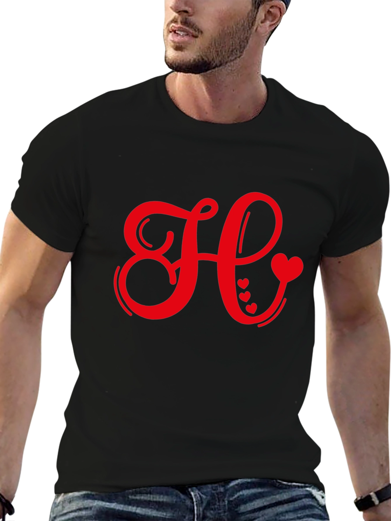 Red Heart Initial Letter Black T-Shirt