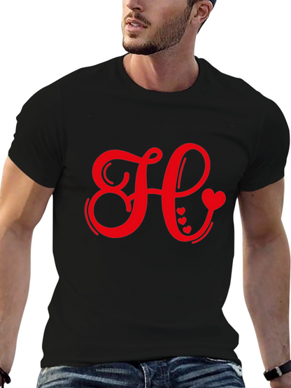 Red Heart Initial Letter Black T-Shirt