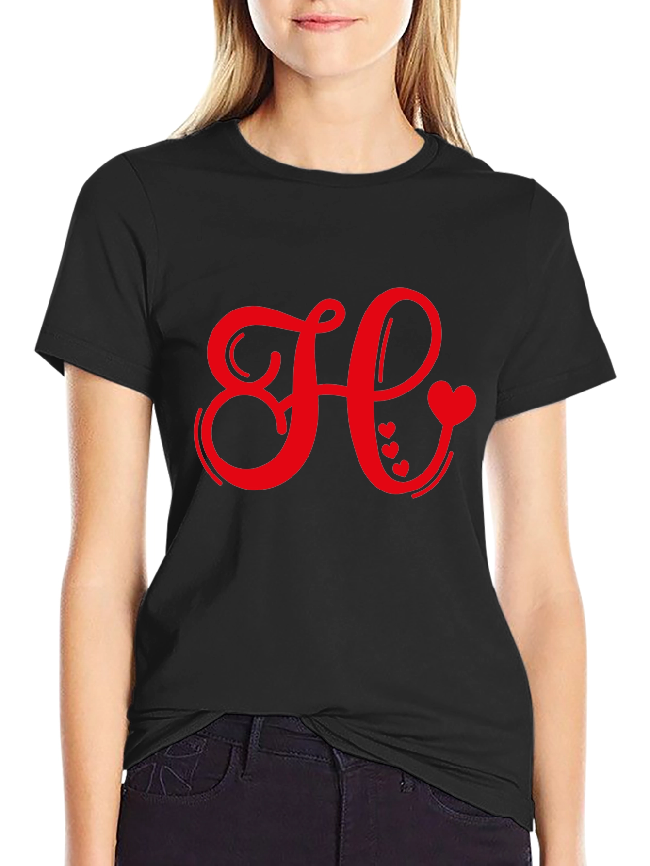 Red Heart Initial Letter Black T-Shirt