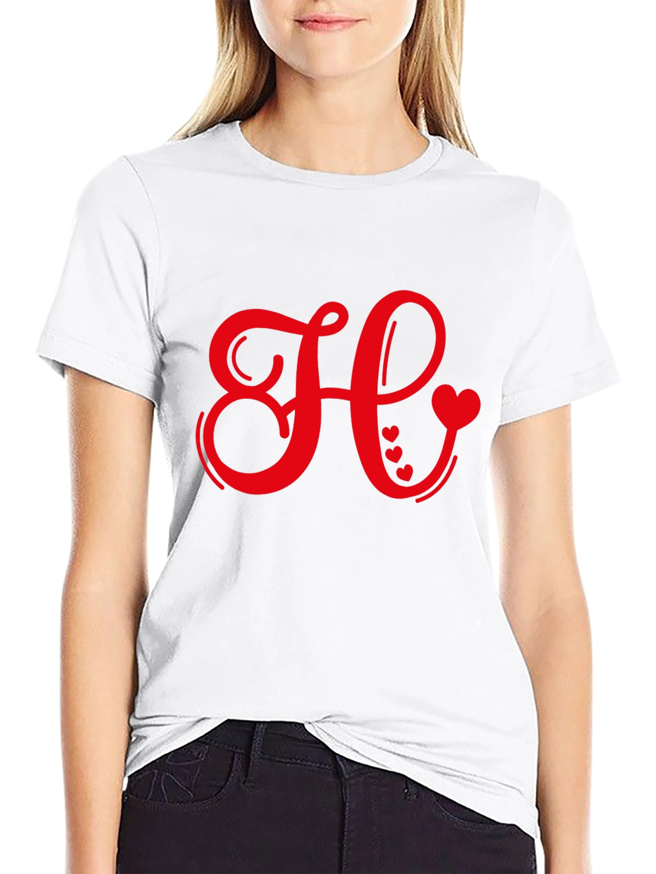 Red Heart Initial Letter Black T-Shirt