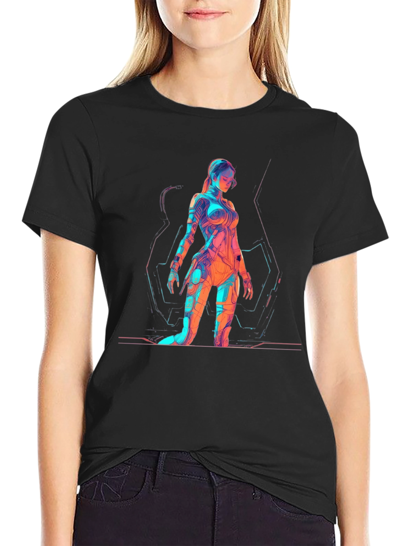 Sci-Fi Woman Graphic Print Black T-Shirt