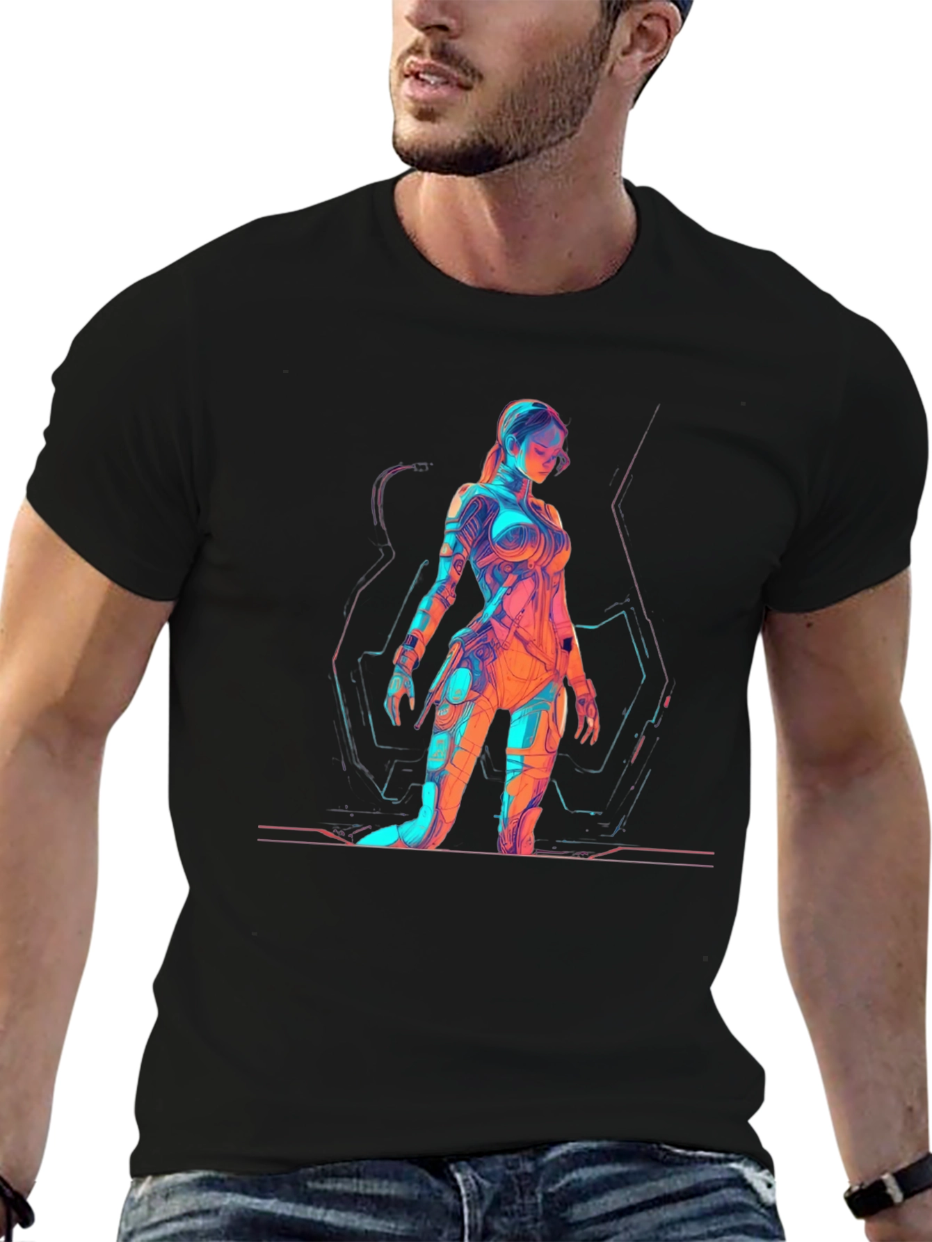 Sci-Fi Woman Graphic Print Black T-Shirt