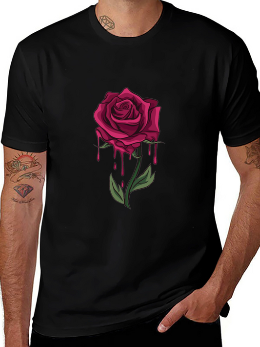 Mens Black T-Shirt with Dripping Rose