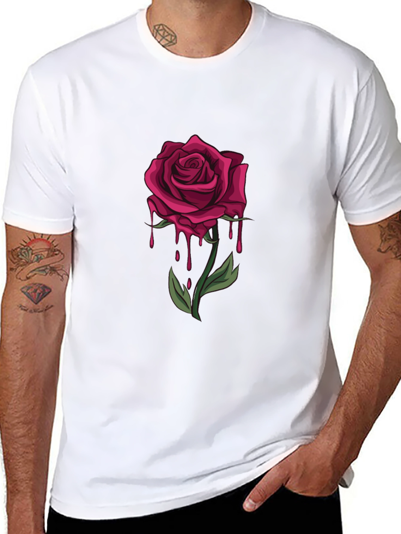 Mens Black T-Shirt with Dripping Rose