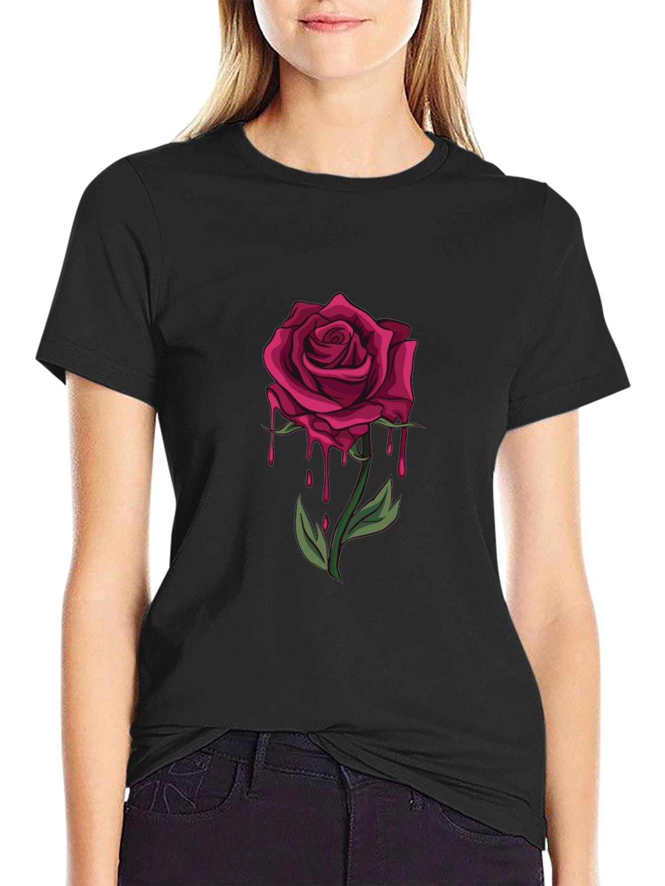 Mens Black T-Shirt with Dripping Rose