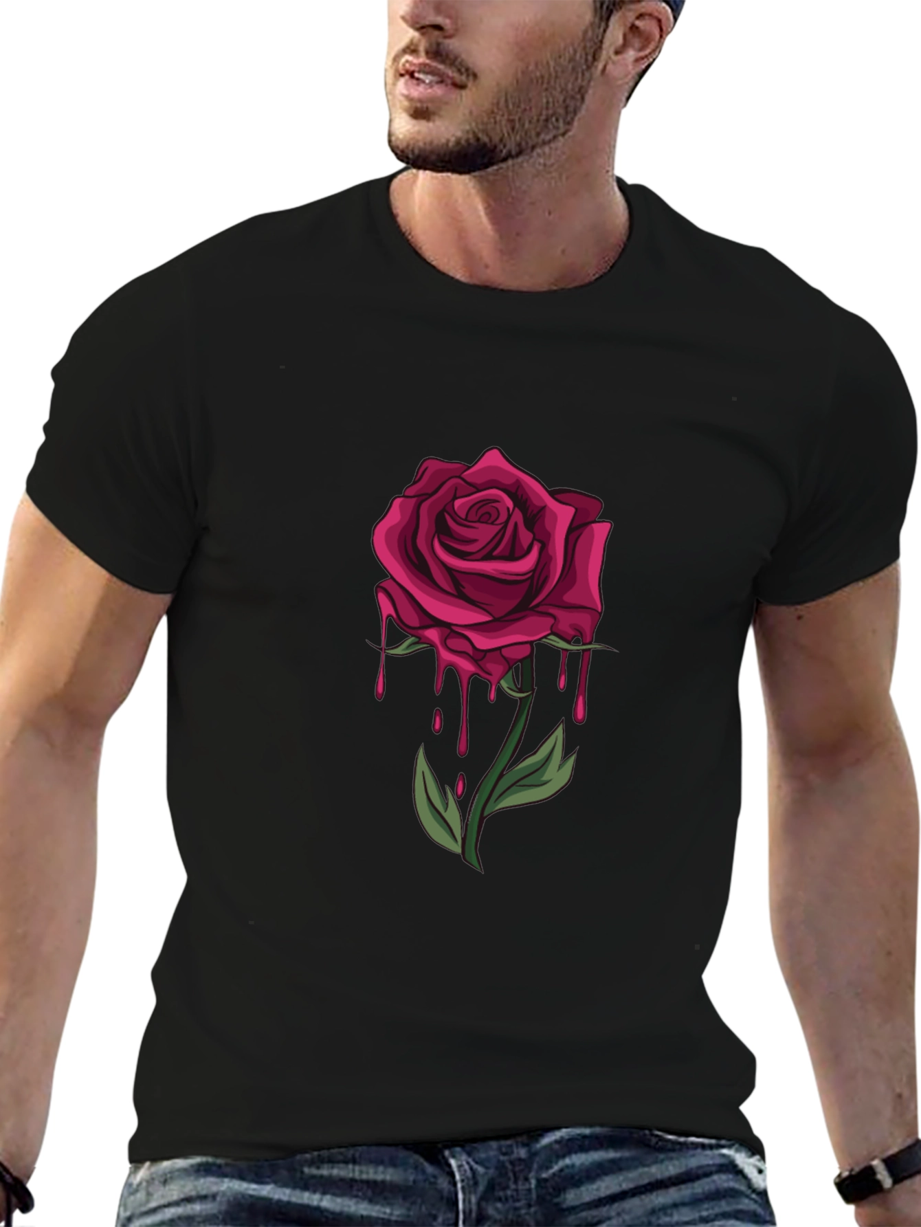 Mens Black T-Shirt with Dripping Rose