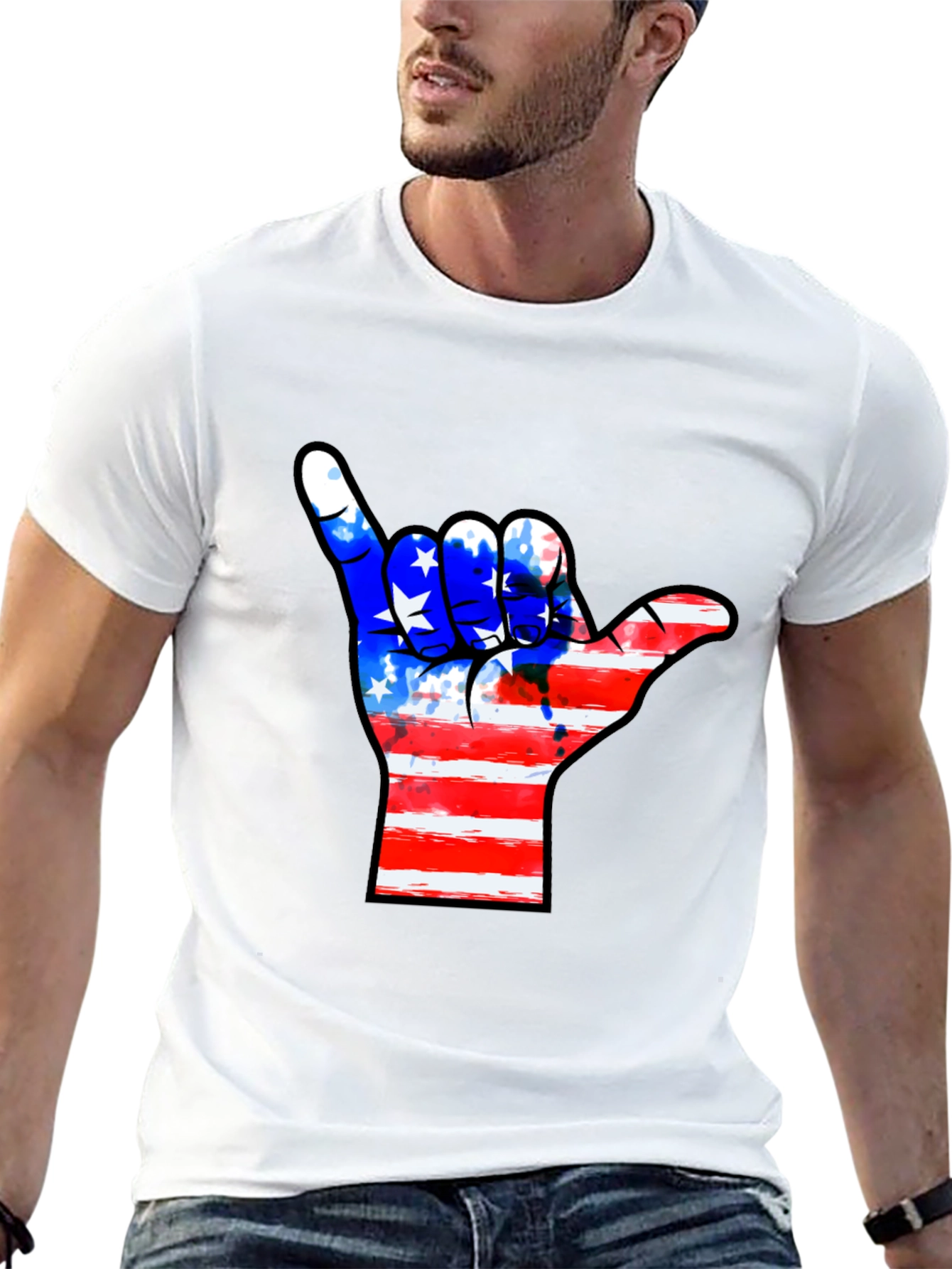 American Flag Shaka Hand Black T-Shirt