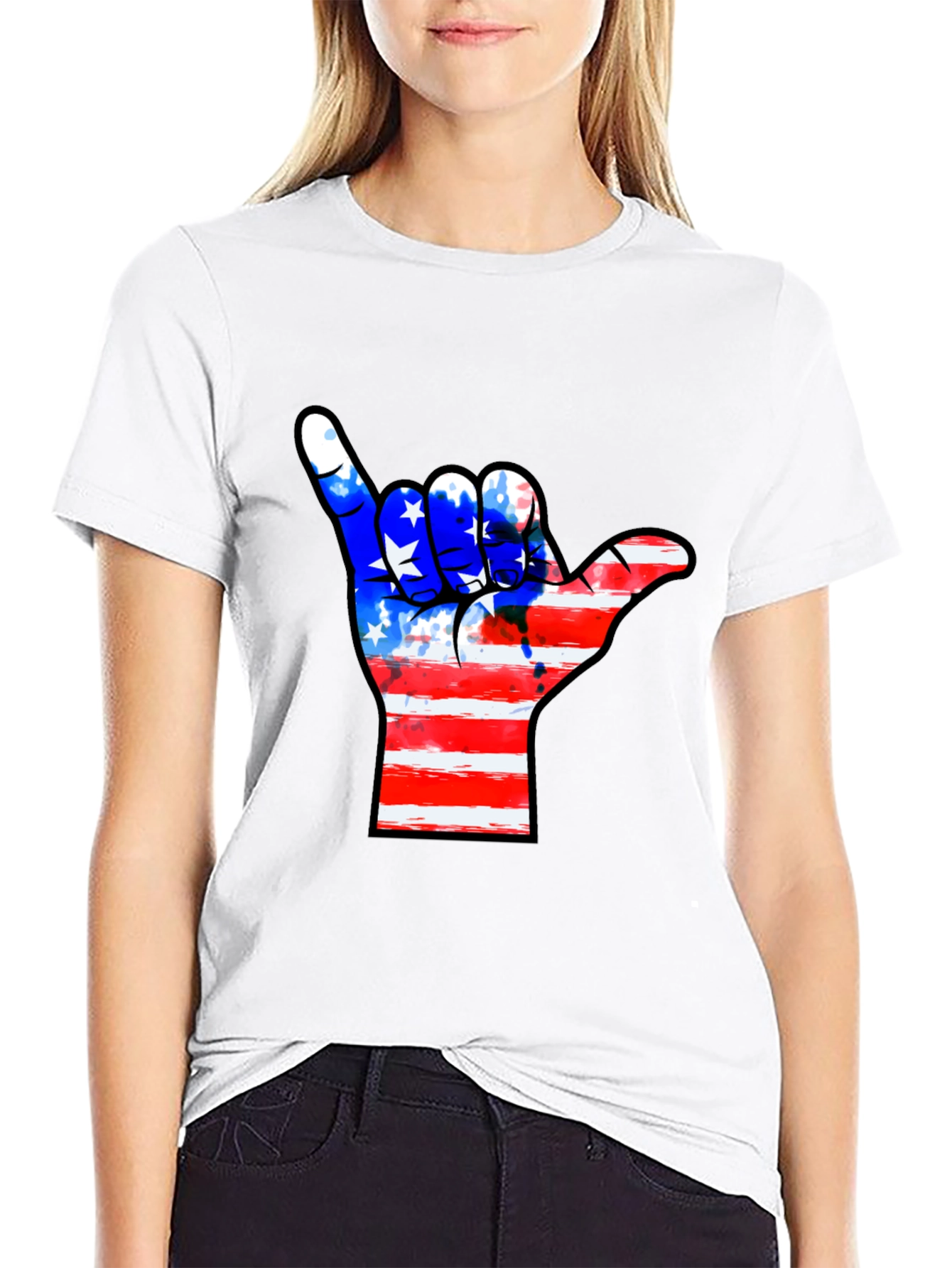 American Flag Shaka Hand Black T-Shirt