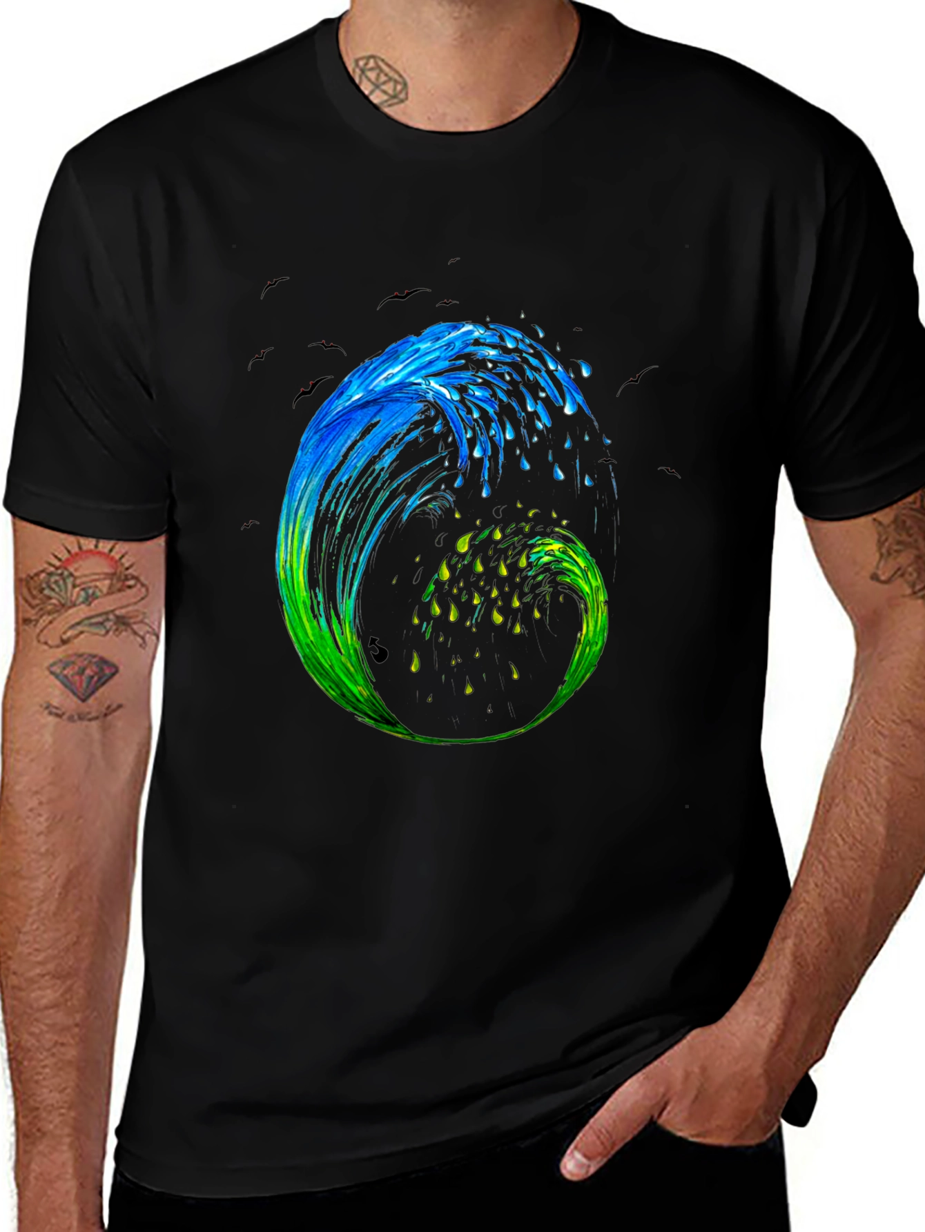 Wave Art Mens Black Graphic T-Shirt