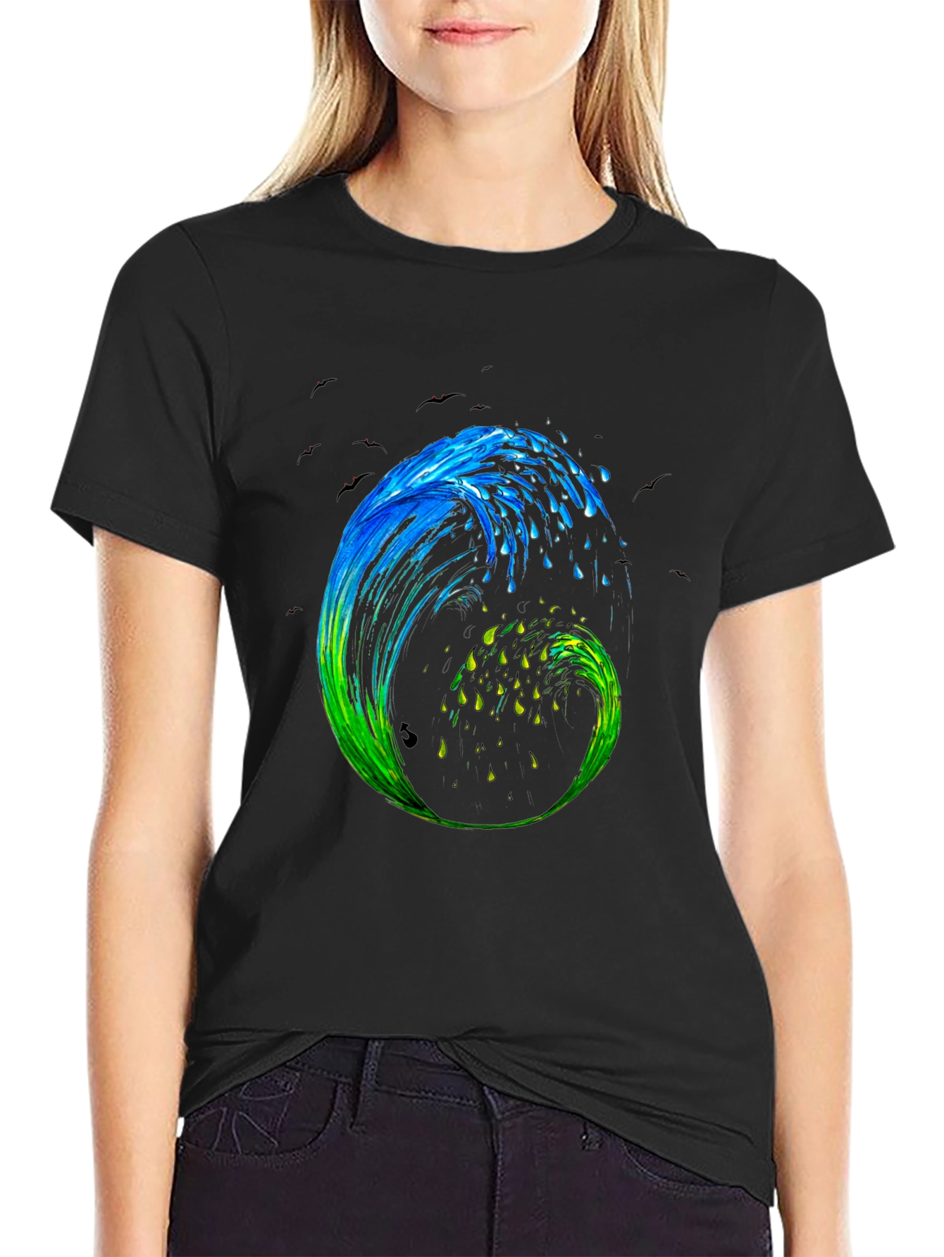 Wave Art Mens Black Graphic T-Shirt