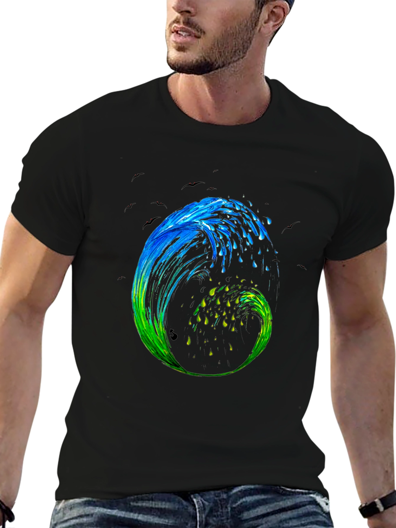 Wave Art Mens Black Graphic T-Shirt