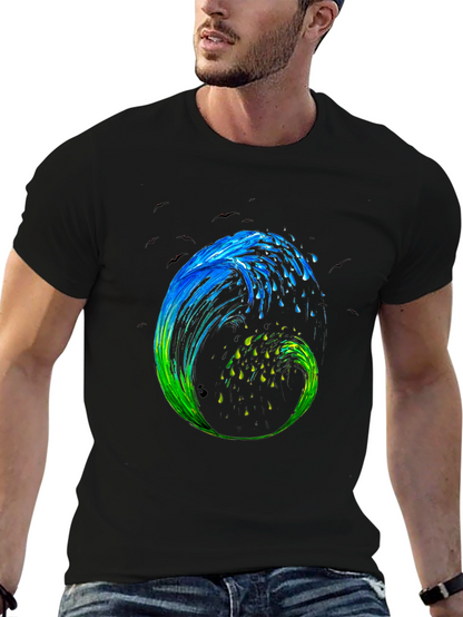 Wave Art Mens Black Graphic T-Shirt