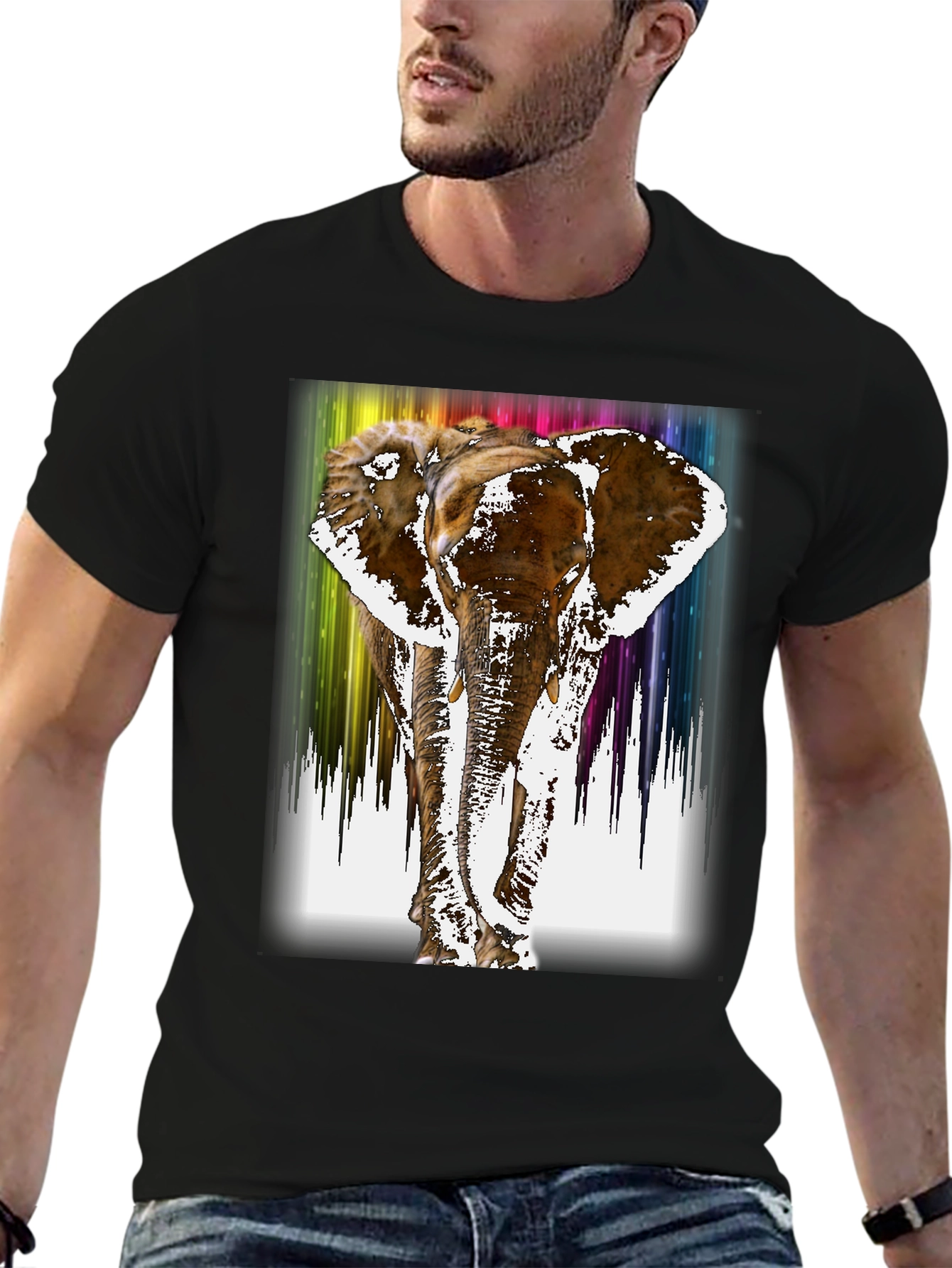 Rainbow Elephant Print Black T-Shirt