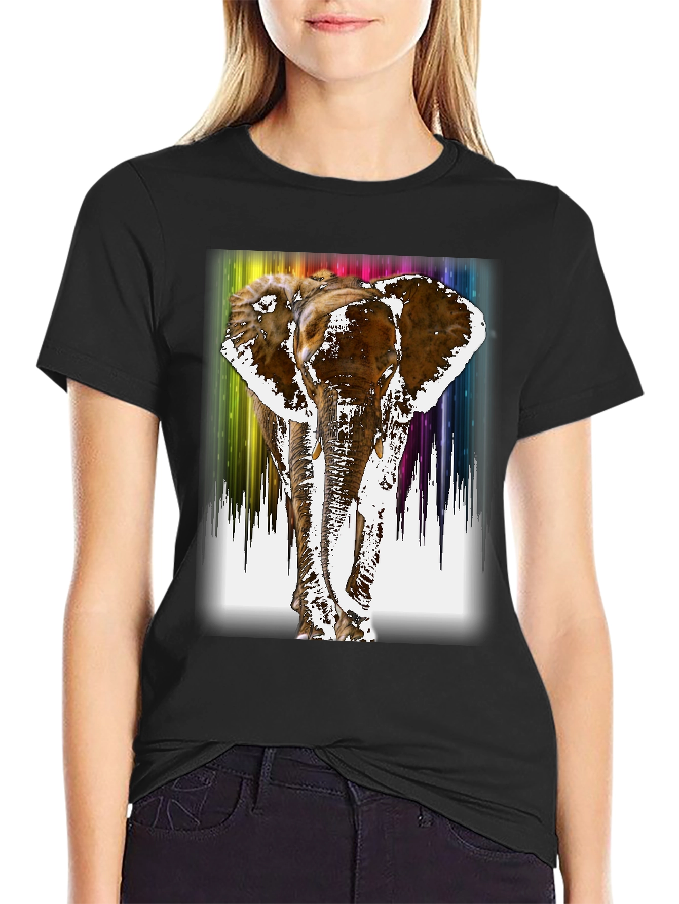 Rainbow Elephant Print Black T-Shirt