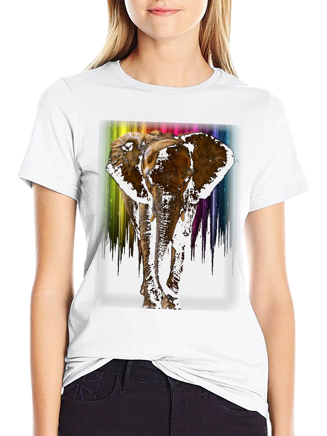 Rainbow Elephant Print Black T-Shirt