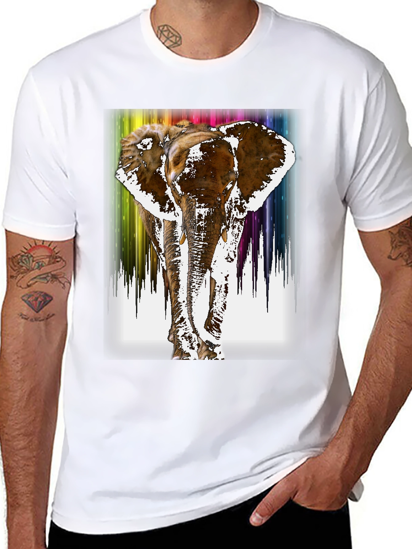 Rainbow Elephant Print Black T-Shirt