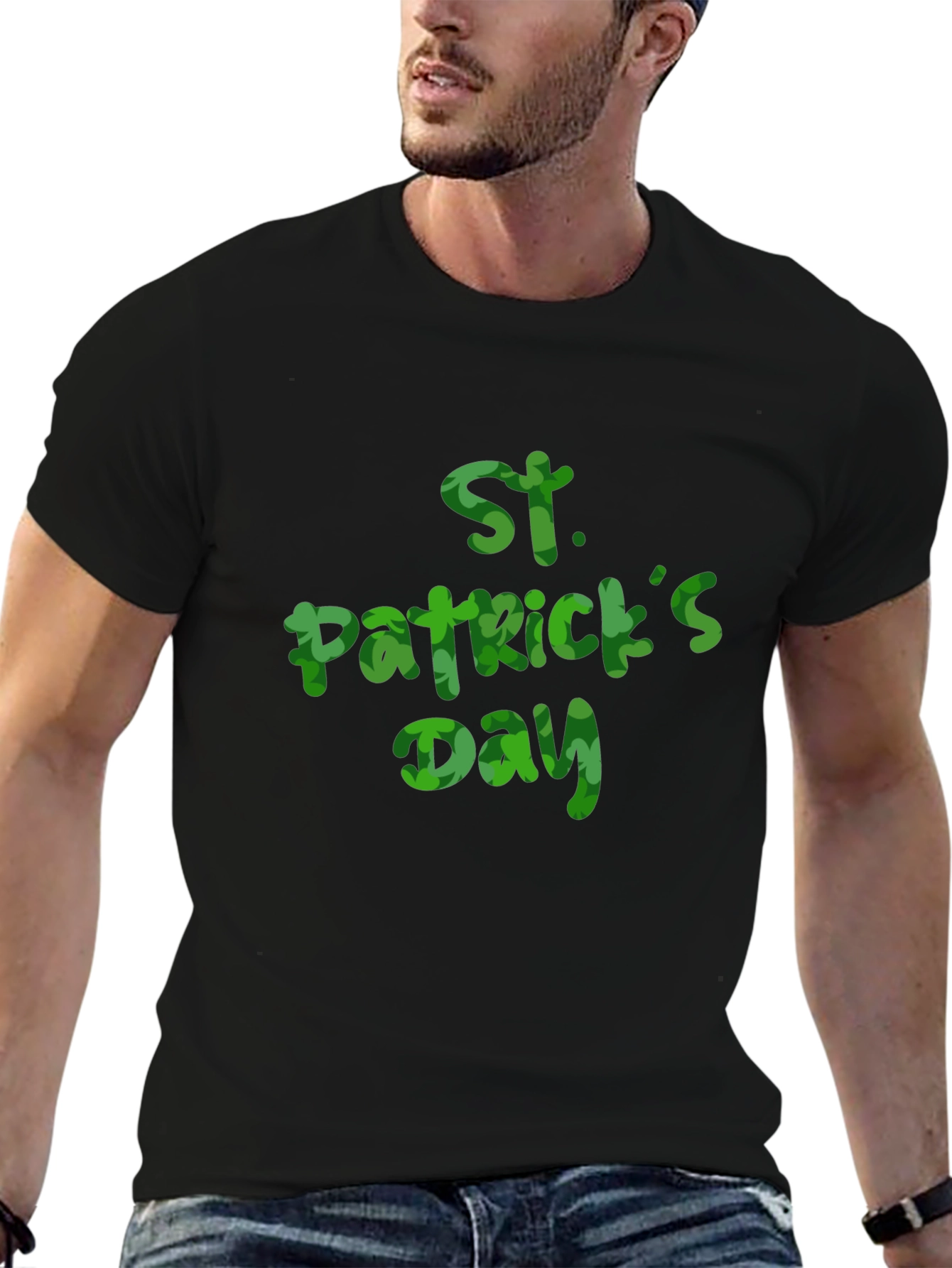 St. Patricks Day Clover Print Black T-Shirt