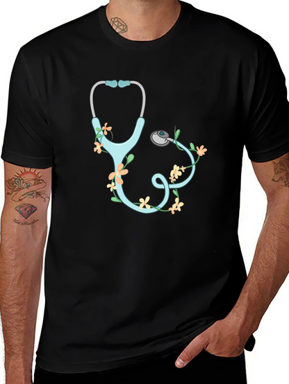 Floral Stethoscope Graphic T-Shirt - Black