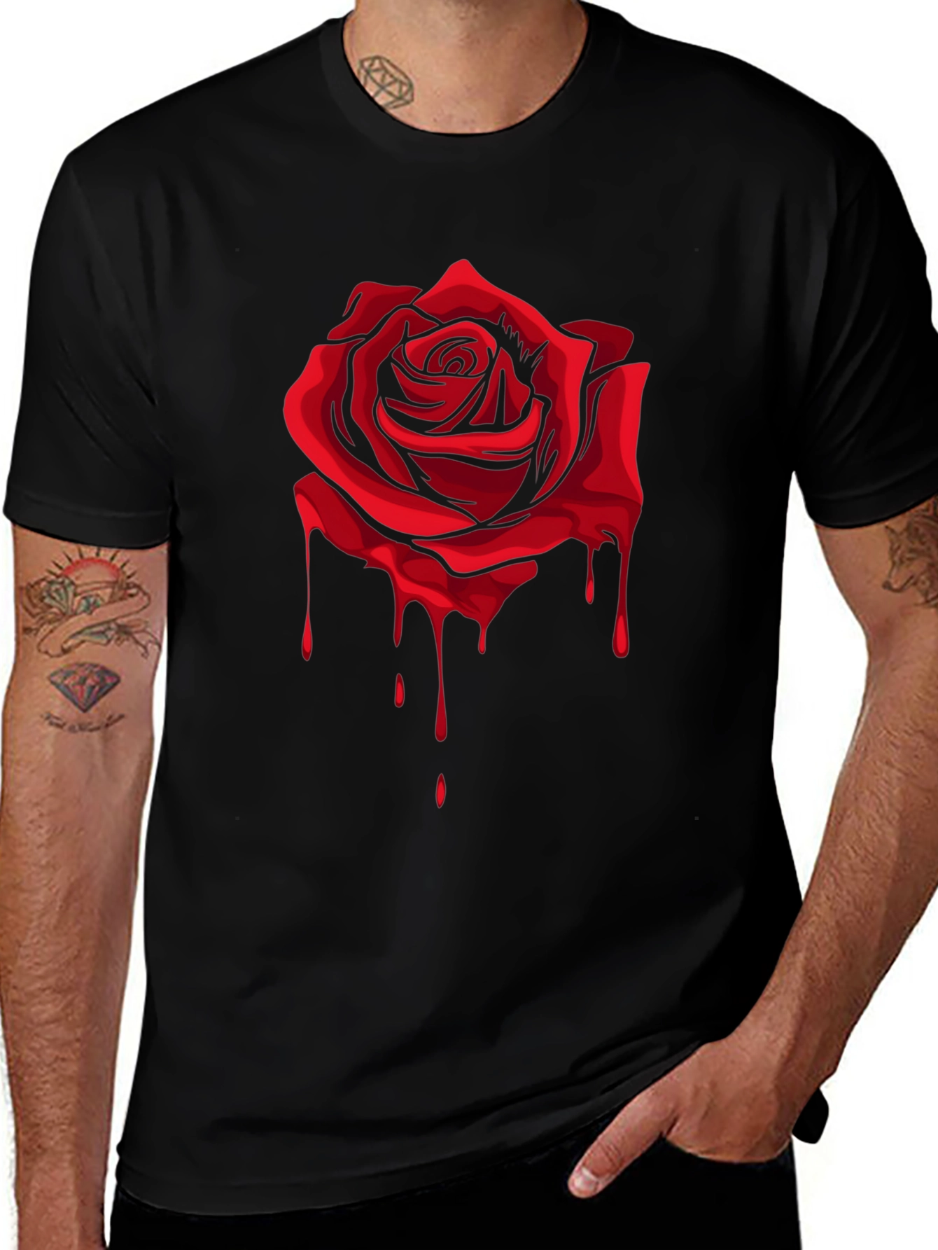 Red Rose Dripping Graphic Black T-Shirt