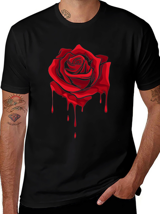 Red Rose Dripping Graphic Black T-Shirt