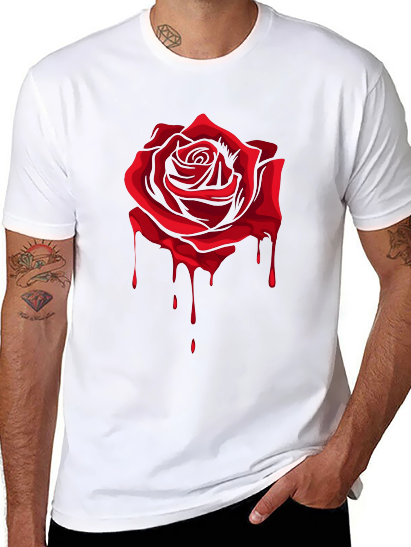 Red Rose Dripping Graphic Black T-Shirt