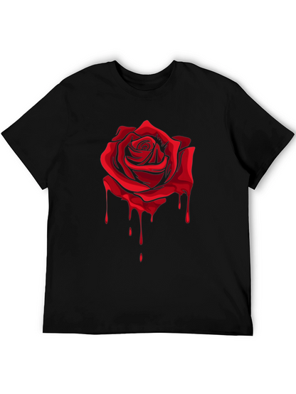 Red Rose Dripping Graphic Black T-Shirt