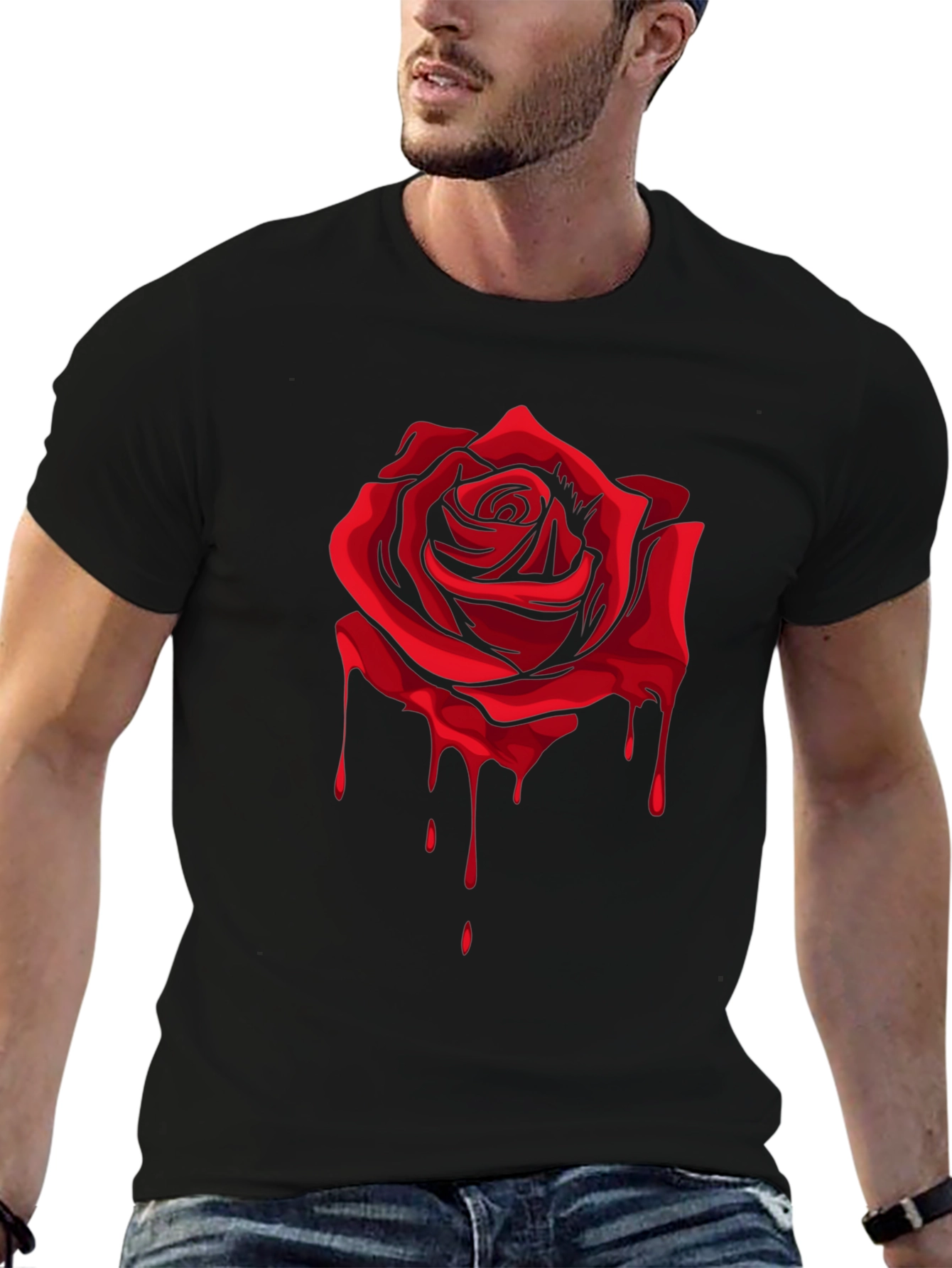 Red Rose Dripping Graphic Black T-Shirt