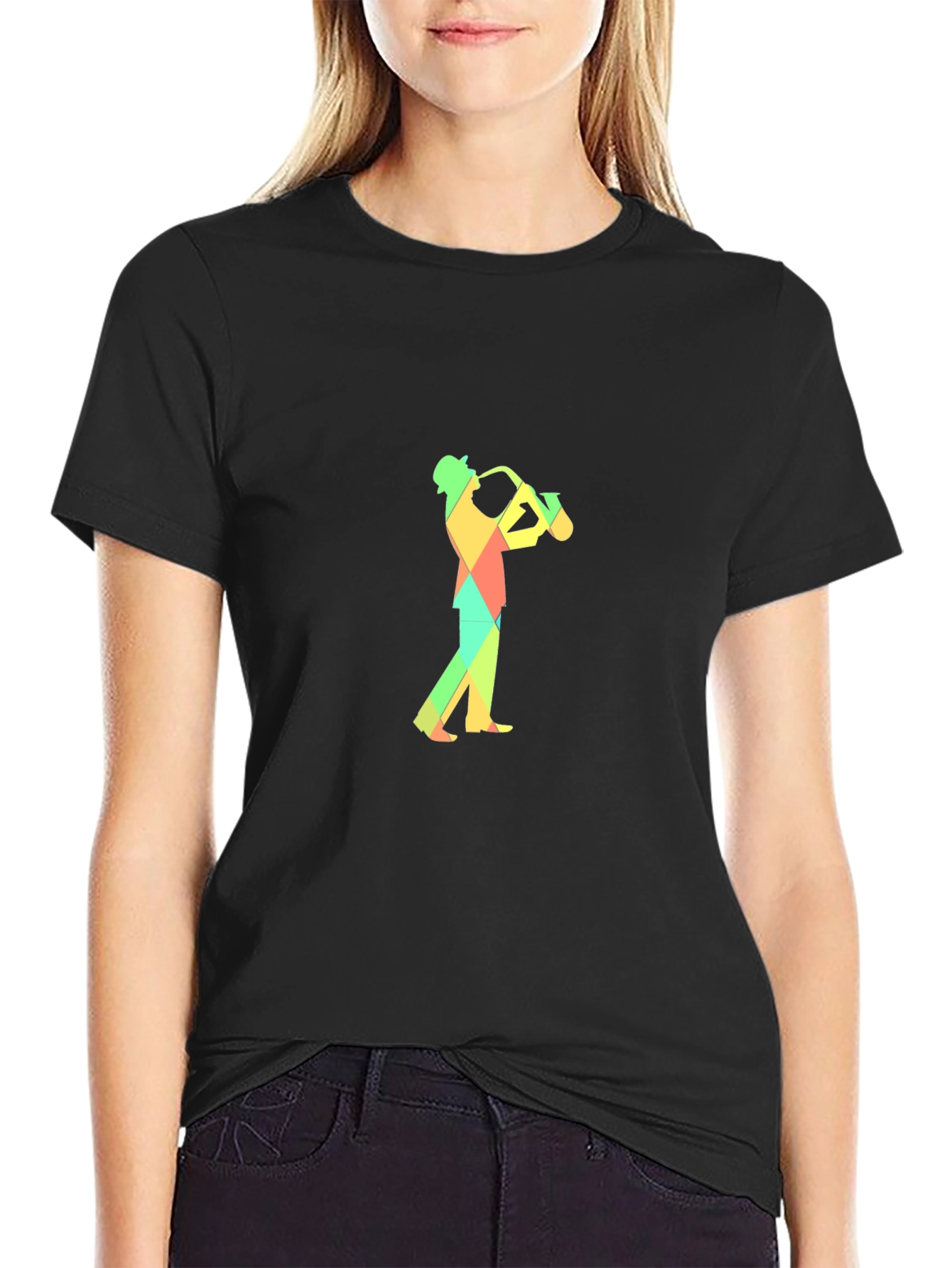 Geometric Saxophone Player Graphic Tee - Black