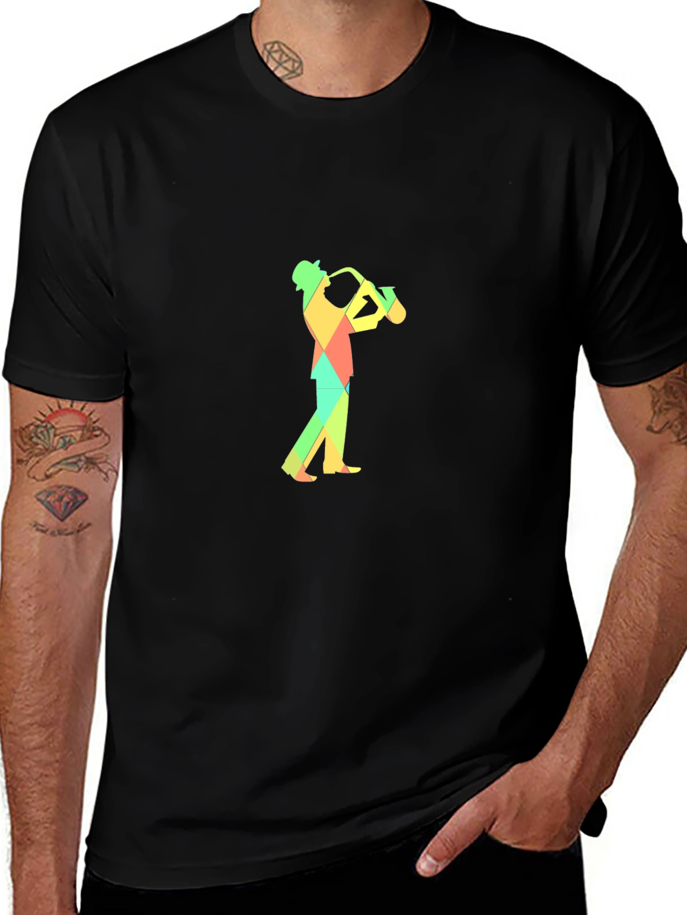 Geometric Saxophone Player Graphic Tee - Black
