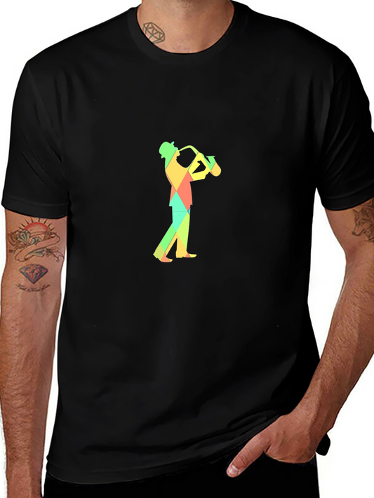 Geometric Saxophone Player Graphic Tee - Black