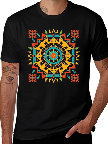 Geometric Aztec Pattern Mens Black T-Shirt