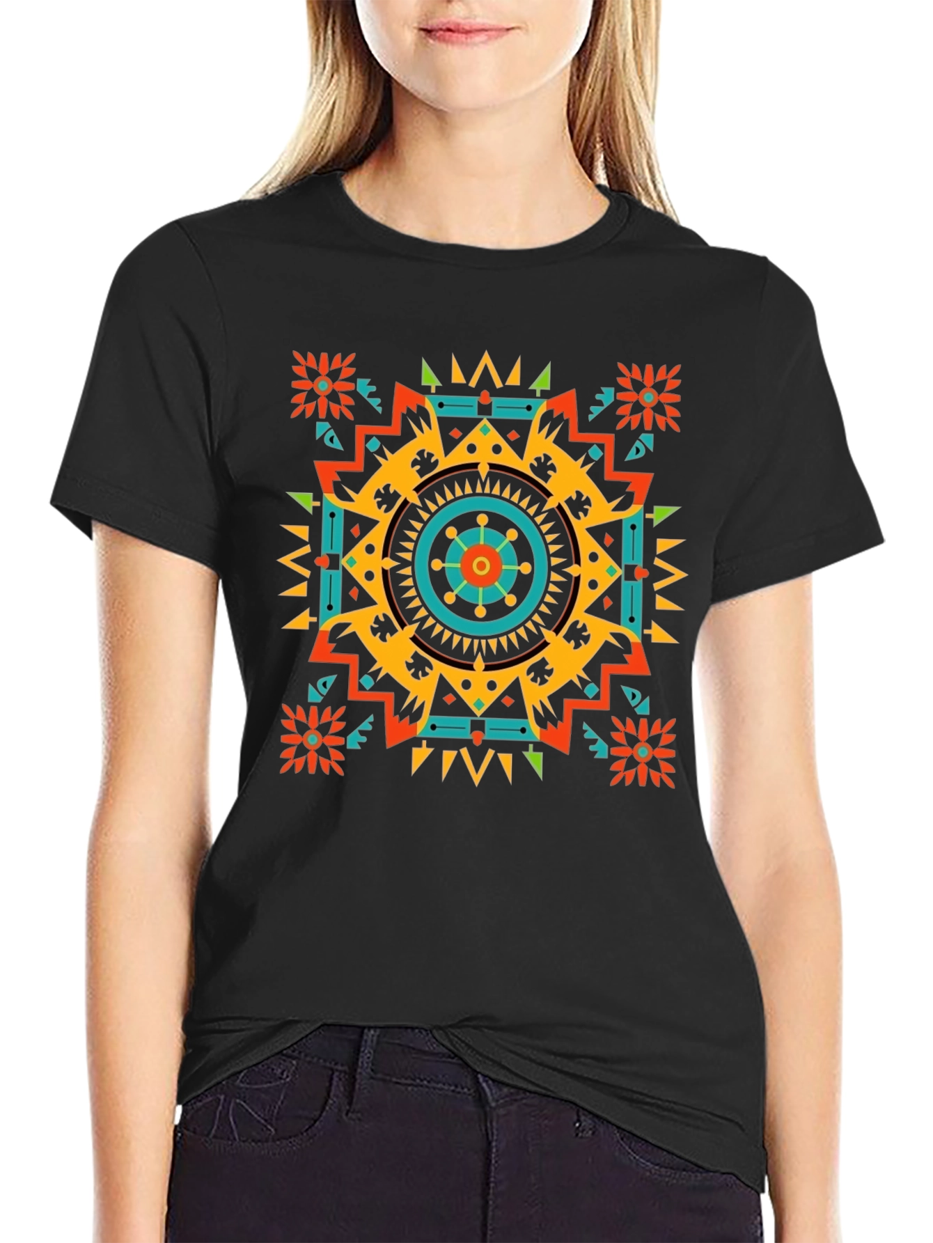 Geometric Aztec Pattern Mens Black T-Shirt