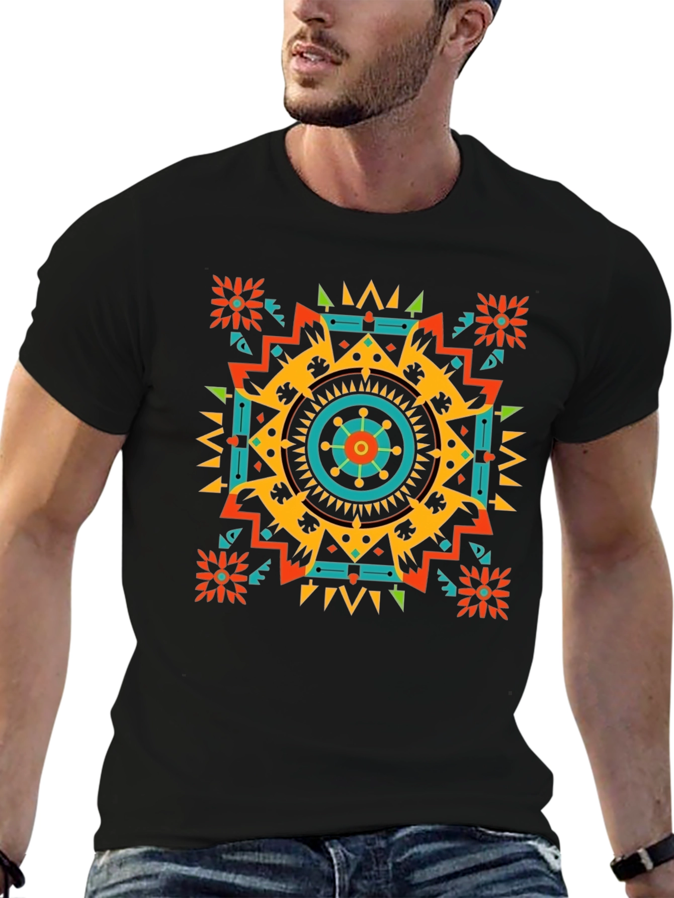 Geometric Aztec Pattern Mens Black T-Shirt