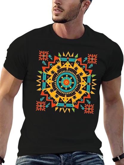 Geometric Aztec Pattern Mens Black T-Shirt
