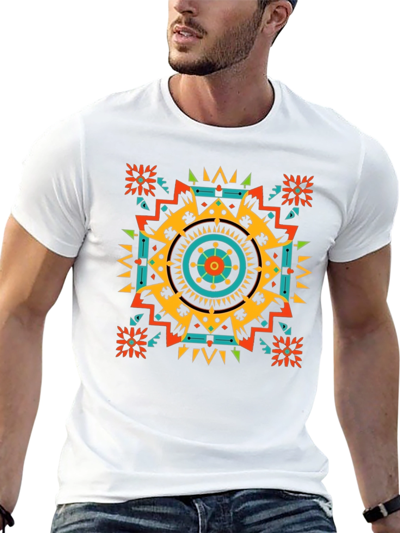 Geometric Aztec Pattern Mens Black T-Shirt