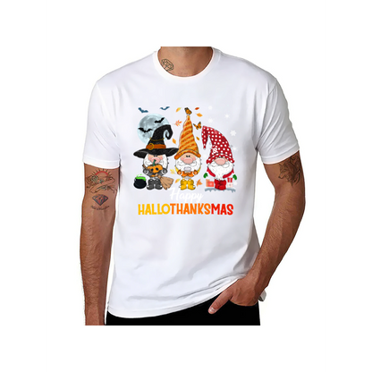 Happy HalloThanksMas Gnome T-Shirt - 100% Cotton, Festive Tee for Halloween, Thanksgiving & Christmas Celebrations